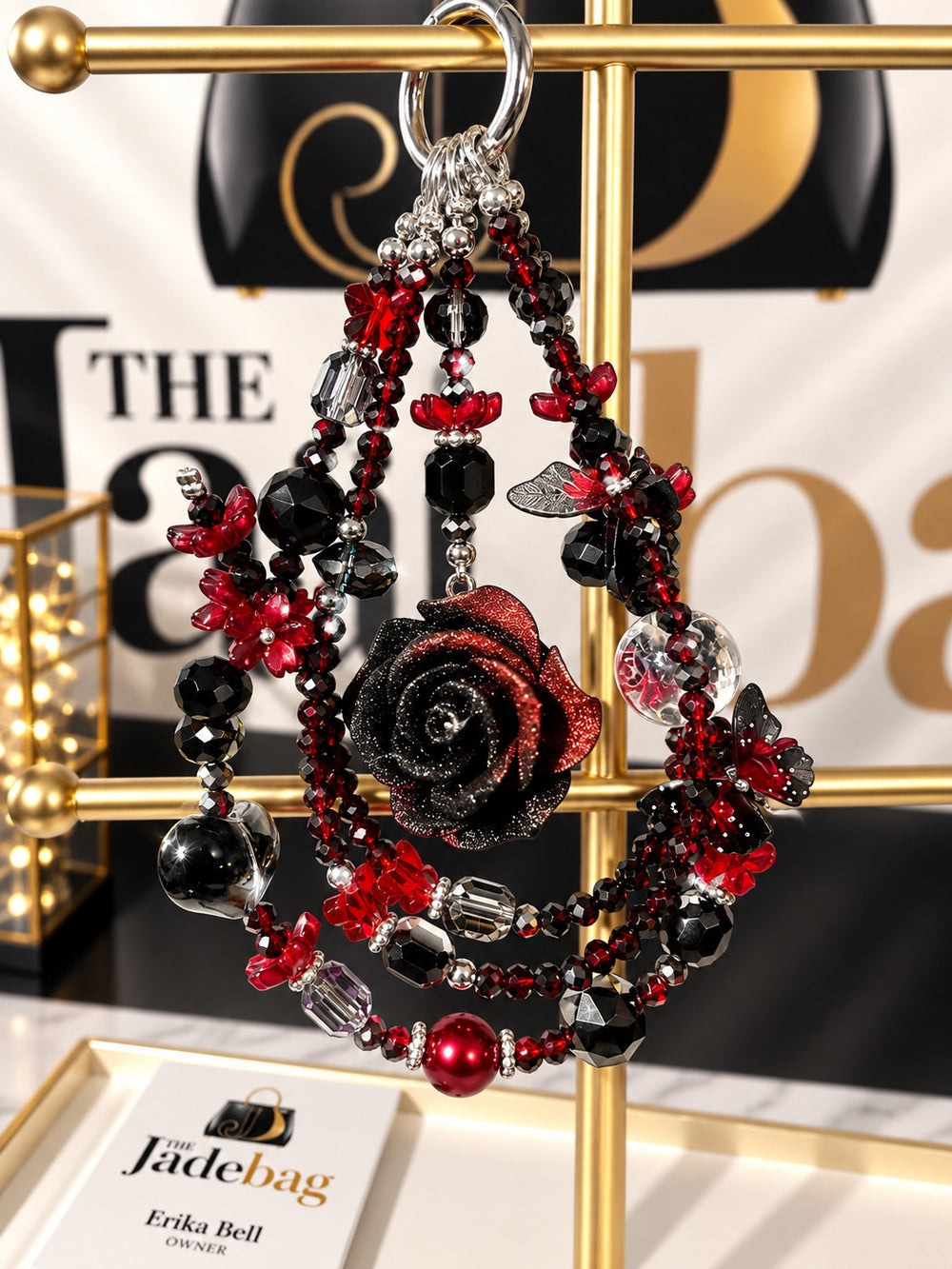 The JadeBags Black & Red Rose Crystal Charm